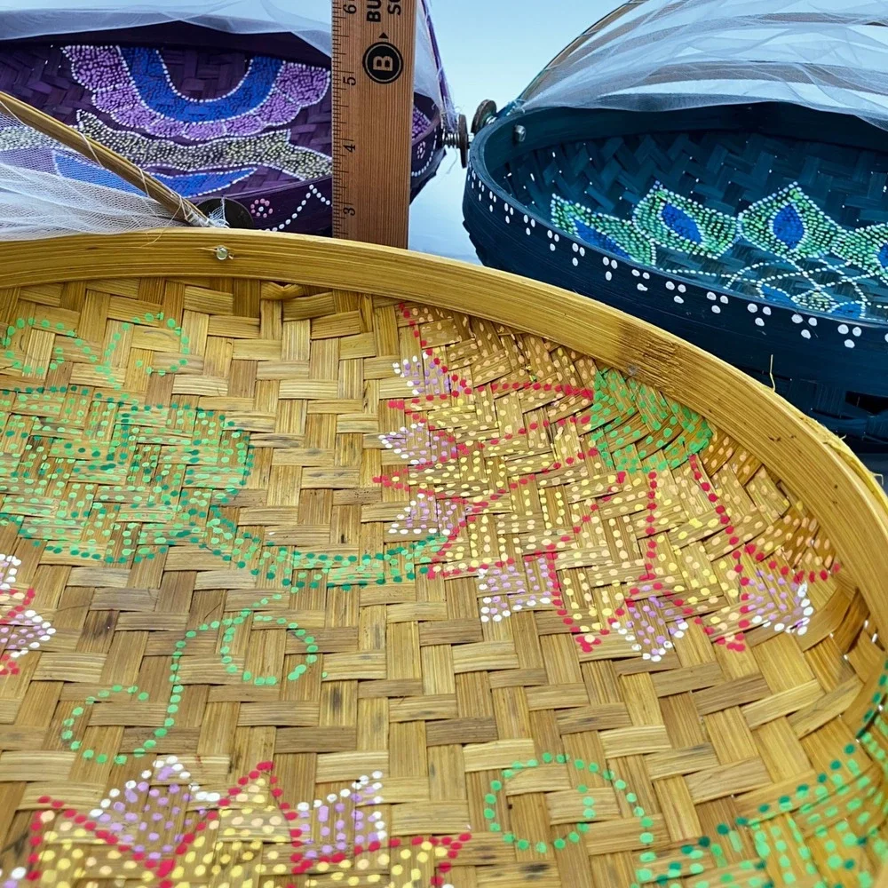 Set of 3 Bamboo Food Serving Tent Basket Hand Painted Boho Picnic Cover Mesh Net